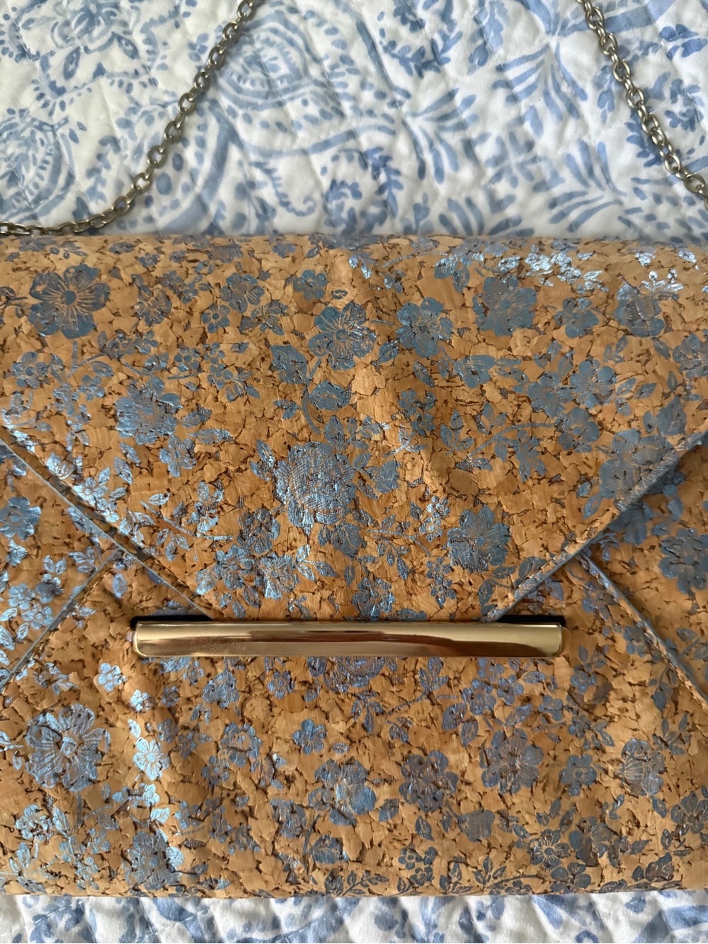 Cork Envelope Clutch with Metallic Blue Floral Detail
